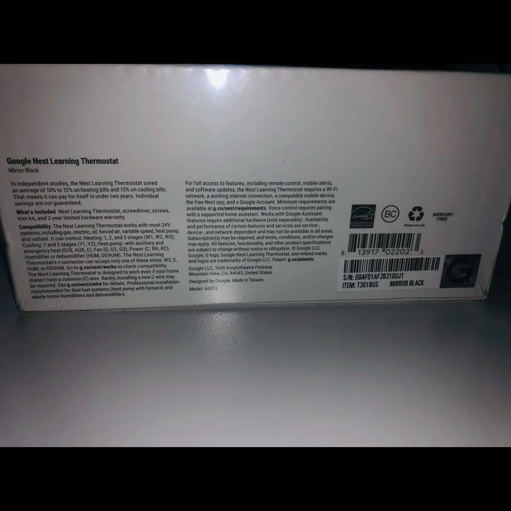 Nest T3018US 3rd Gen Programmable Thermostat Mirror Black